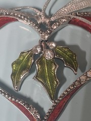 LC Signed Christmas Heart Ornament Brooch Red Enamel Holly Rhinestone Holiday Pi