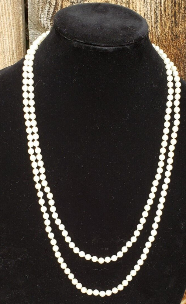 VINTAGE Necklace Faux Pearl Long 5 mm Pearls 56″ L Quality Knotted in Between
