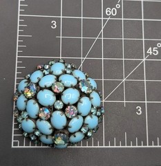 Vintage Unsigned Domed Milk Blue AB Rhinestone Flower Prong Cluster Pin Brooch