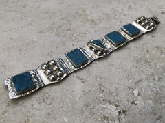 ✨🏜️VTG STAMPED TAXCO STERLING SILVER Turquoise Panel STATEMENT Bracelet Estate