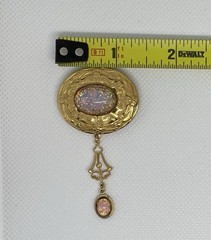 Victorian Revival Czech Foiled Opal Glass Brooch Oval Gold Tone With Dangle