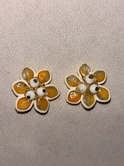 Vintage Orange And White Flower Clip Earrings, Signed Hong Kong