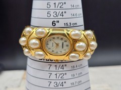 Maximalist! Vintage Gold Tone Pearl Studded CLAMPER Watch Bracelet