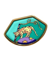 Vintage HERMÈS Cloisonné Enamel Fan-Shaped Brooch with Spotted Panther/Cheetah