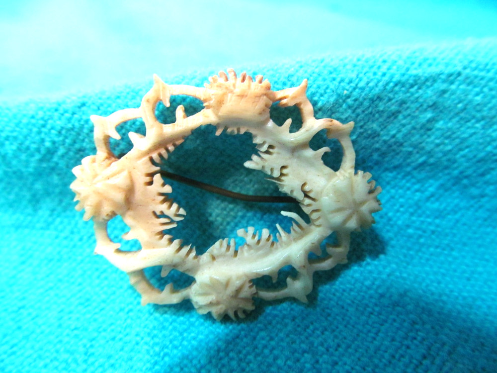 1 1/4″ ANTIQUE CARVED BOVINE BONE THORN WREATH BROOCH PIN