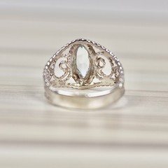 Silver Blue Topaz Ring, Filigree Sterling, Marquise Cut Natural Stone, 5/8″ Long