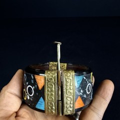 Vintage Mid Century Modern Atomic Cosmic Bangle Cuff Bracelet Inlays Brass