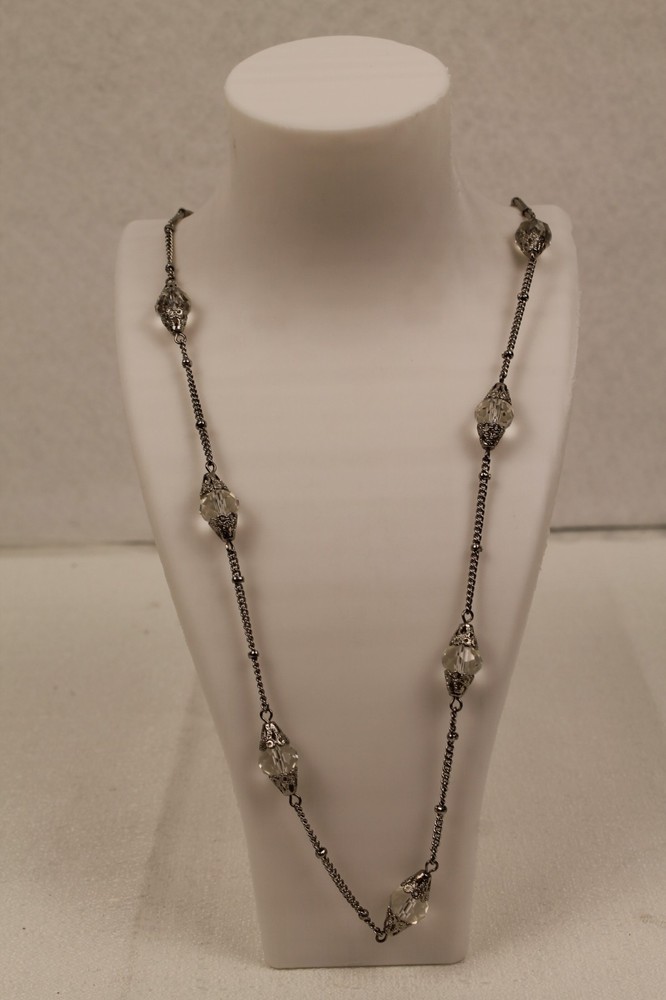 VCLM Filigree Crystal Station Necklace – Dark Silver Tone Chain