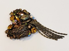 Vintage Alice Caviness AB Topaz Rhinestines Heart Brooch Chain Dangles Filigree