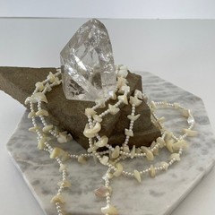 Vtg 80s 90s Beaded Shell Necklace White Long Handmade Beads Mother of Pearl MOP