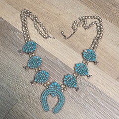 Sancrest Vintage Silver-Toned Double Strand Turquoise Squash Blossom Necklace