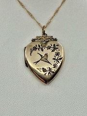 Victorian Aesthetic Movement Bird & Flower Vines Double Sided RG Locket Necklace