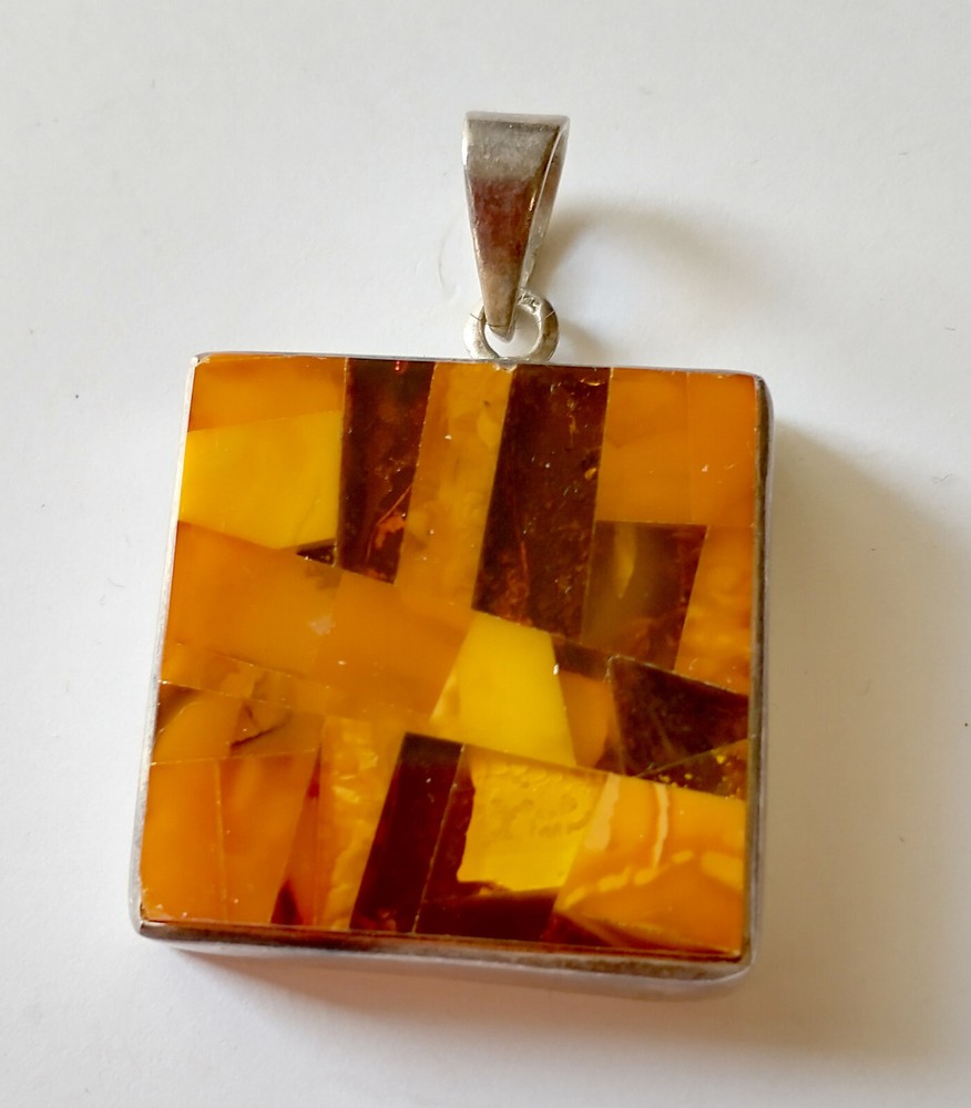 Vintage Sterling Silver Polish Baltic Amber 40mm 1.25” Square Medallion Pendant