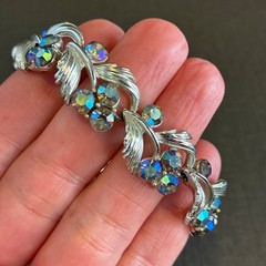 Vintage Rhinestone Bracelet Lisner Aurora Borealis Silver Tone Leaf Design