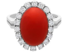 7.36 Ct Red Coral 0.80 Ct Diamond 18k White Gold Cocktail Ring Circa 1970