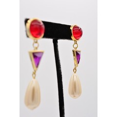 Vintage Cabochon 2.5″ Dangle Earrings Red Purple Pearl Drop Gold 80s 1980s BinAZ