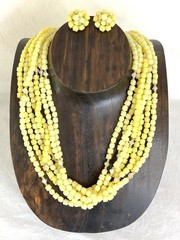 Hong Kong Yellow Beaded Necklace and Clip On Earrings Set Seven Strand Necklace