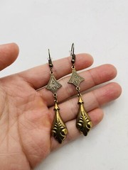 Vintage Style Art Nouveau Gold Tone Long Elegant Teardrop Dangle Hook Earrings
