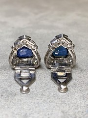 Art Deco Platinum Shield Sapphire European Diamond Earrings Burma No Heat GIA