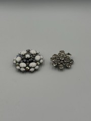 2 Vintage Unsigned White Cabochon Aurora Borealis Rhinestone Flower Brooch Pins