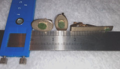 Vintage Dante Matching Gold Oval Cufflinks and Rectangular Tie Bar w/Green Stone
