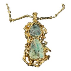 Vintage Brutalist Gold-Tone Necklace Organic Twig Chain w/ Green Stone Pendant