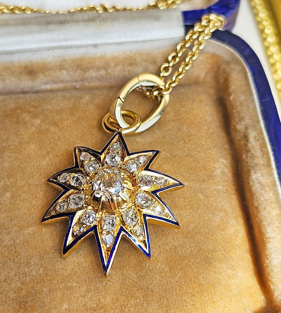 Antique Victorian GIA 19K Gold 1.21ctw Old Mine Diamond Blue Enamel Star Pendant