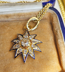 Antique Victorian GIA 19K Gold 1.21ctw Old Mine Diamond Blue Enamel Star Pendant