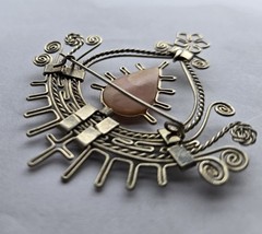 Vintage Artisan Metal Filigree Brooch w/ Rose Quartz Stone Tribal Boho