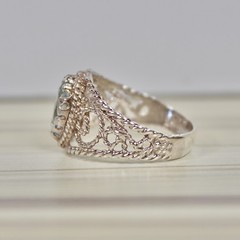 Silver Blue Topaz Ring, Filigree Sterling, Marquise Cut Natural Stone, 5/8″ Long