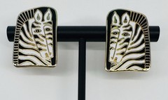 VTG Laurel Burch “Zebra Mare” Cloisonné Stud Earrings Gold Tone SIGNED 1” Fun