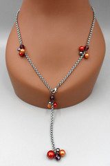 Vintage Y-Drop Tassel Station Necklace Faux Pearl Front Clasp Rolo Chain 21″ EUC
