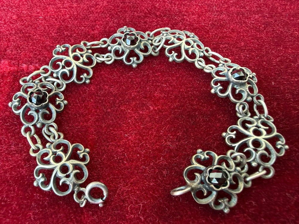 Antique Silver&Pyrope Garnets Rose-cut Filig.Armband Bracelet Jugendstil Austria
