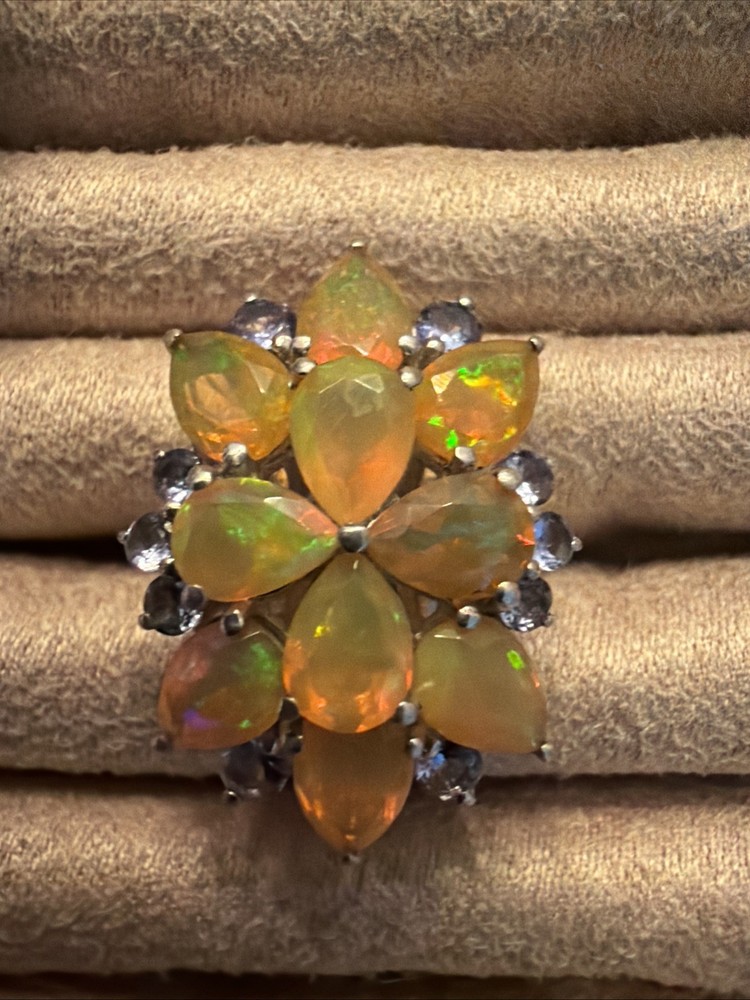 Vintage Orange Ethiopian Fire Opal Tanzanite Sterling Silver Rhodium Ring Sz 6.5