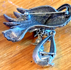 Rare Kirks Folly “Stork and Baby” Brooch Gunmetal AB Crystal Opalite Vintage