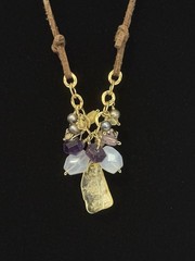 Artisan Pendant Necklace Gemstone Amethyst Quartz Pearl Cluster Leather Cord 16″