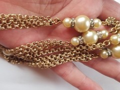 Vintage 54″ Multi Chain Necklace Faux Champagne Pearls Rhinestones Germany