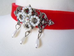 Vintage Choker Necklace Tracht Dirndl Velvet Red Imitation Pearls 33 – 39 Cm
