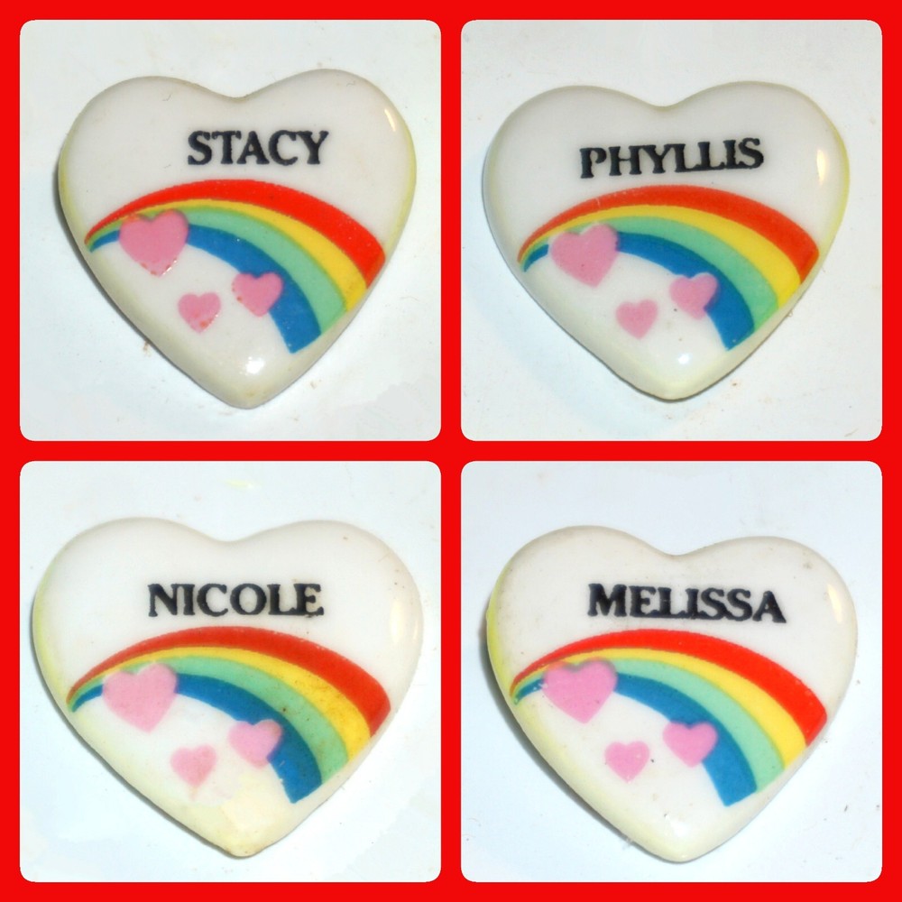 Rainbow Heart Pins on White Vintage 80’s Pick Name Retro Girls Names Hat Bag Etc