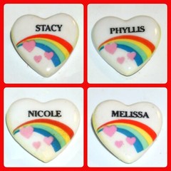 Rainbow Heart Pins on White Vintage 80’s Pick Name Retro Girls Names Hat Bag Etc