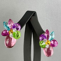 Vintage Lucite Rhinestone Flower Clip Earrings Pink Blue Green