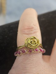Handmade Gold Tone Wire Wrap Ring Set Of 2 w Rose & Round Pink Glass Beads USA 8