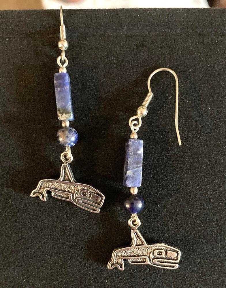 Lapis Lazuli NW Coast ORCA Killer Whale Dangle Earrings w/French Wire 2″
