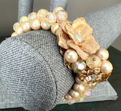 MIRIAM HASKELL FAUX PEARL CRYSTAL RHINESTONE FLOWER WRAP BRACELET / 2 STRAND