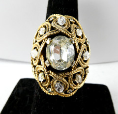 Vintage Crown Trifari Cocktail Ring Dome Shaped Gold Tone Clear Marquise Stones
