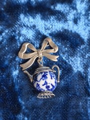 Vintage Silver Brooch Tea Pot Blue White Bow Jewlery