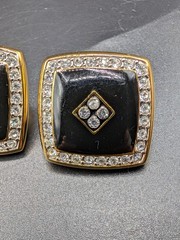 Vintage Good Quality Black Enamel and Rhinestones Gold-Tone Clip On Earrings