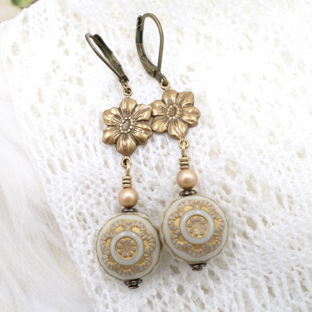 Gold Flower Dangle Earrings: Vintage Style Acrylic Pearl Bead Handmade Jewelry