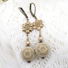 Gold Flower Dangle Earrings: Vintage Style Acrylic Pearl Bead Handmade Jewelry