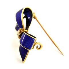 Antique 15k Yellow GOLD Guilloche Enamel and Pearl Victorian Ribbon Bow Brooch